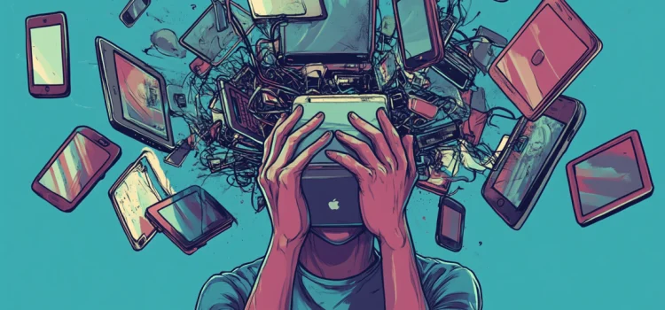 What Is Technology Addiction, and Is It a Real Issue? A person surrounded by tablets, phones, and computers, showing what a technology addiction is
