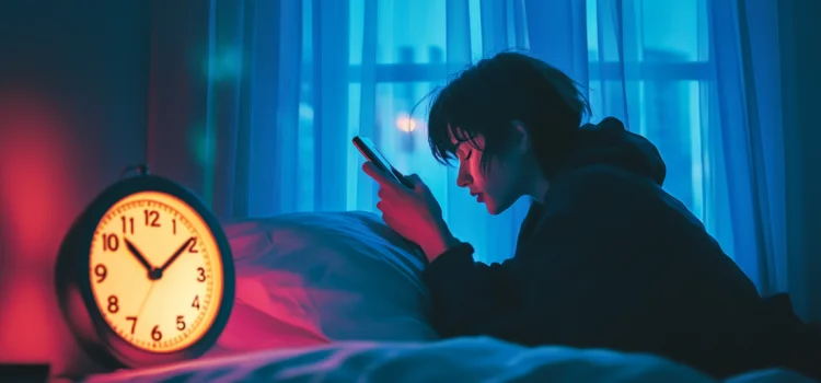 How Time Blindness in ADHD Becomes a Big Problem A teenager on their phone at night, ignoring their alarm clock, showing time blindness in adhd