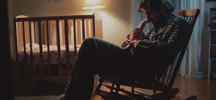 How to Get Your Infant to Sleep Through the Night & Early Morning A tired father holding his crying baby in a rocking chair, trying to figure out how to get his infant to sleep through the night