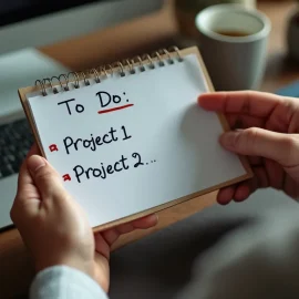 A person holding a "To Do" list that has two items on it ("Project 1" and "Project 2") illustrates how to do less at work