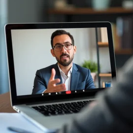 A woman conducting a virtual customer interview on her laptop with a bearded man wearing glasses