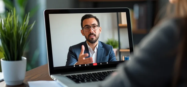 Using Customer Interviews to Assess Needs & Validate Products A woman conducting a virtual customer interview on her laptop with a bearded man wearing glasses