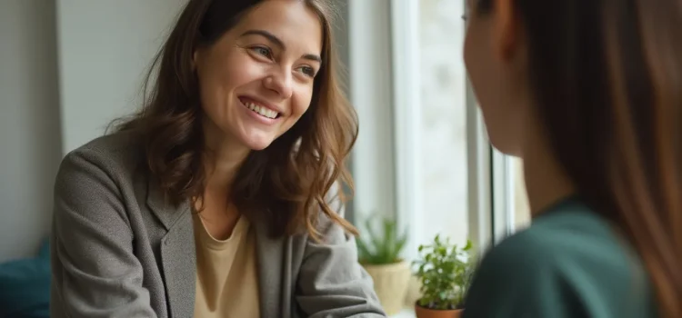 How to Show Warmth: 15 Tips From Vanessa Van Edwards A woman leaning in and smiling while she listens to another woman talk to her illustrates how to show warmth