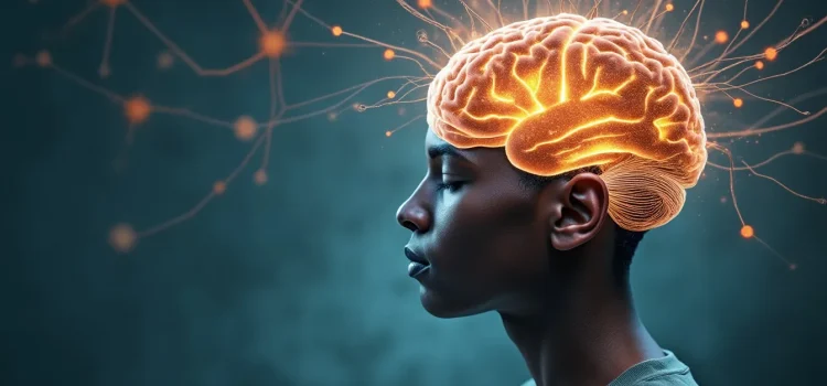 Meditation & Neuroplasticity: The Case for Altered Traits A woman with her eyes closed while neurons are firing in her brain depicts the link between meditation and neuroplasticity