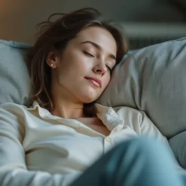 A woman with brown hair and a cream-colored button-down shirt napping on a blue sofa illustrates how to rest