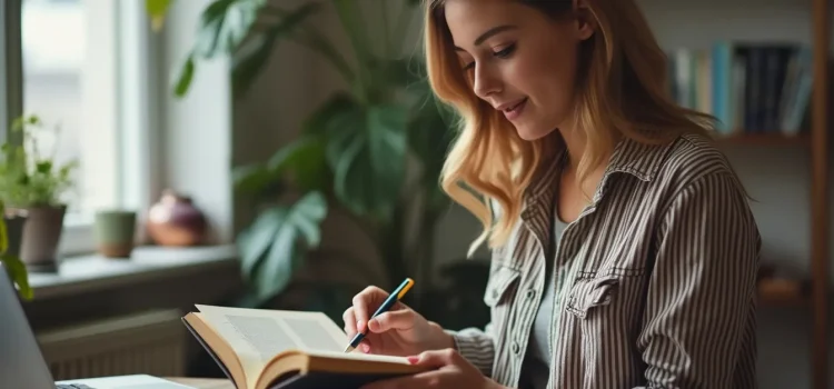 How to Get Rich by Felix Dennis: Book Overview & Takeaways A woman with long hair sitting at a desk in a home office, reading a book and underlining passages