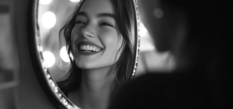How to Accept Yourself for Who You Are (Flaws and All) A woman who knows how to accept herself for who she is, smiling in a mirror