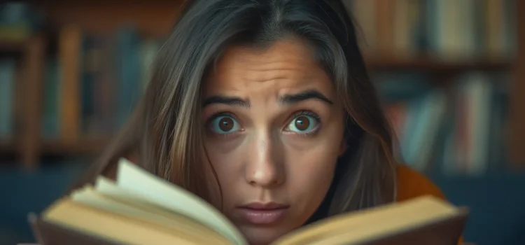 The Shallows: What the Internet Is Doing to Our Brains (Overview) A woman with brown hair and eyes and a concerned look holding an open book