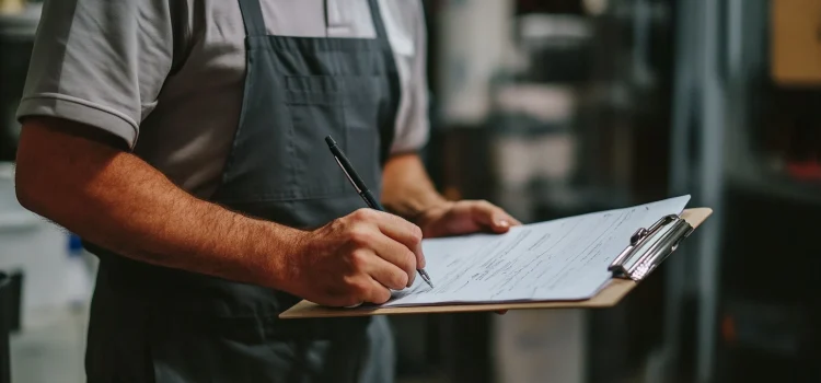 How to Write Goals for a Performance Review (+ Give Feedback) A man wearing an apron, writing goals for a performance review on a clipboard