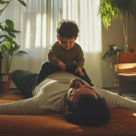 An entitled child sitting on top of his father, who is laying on the living room floor