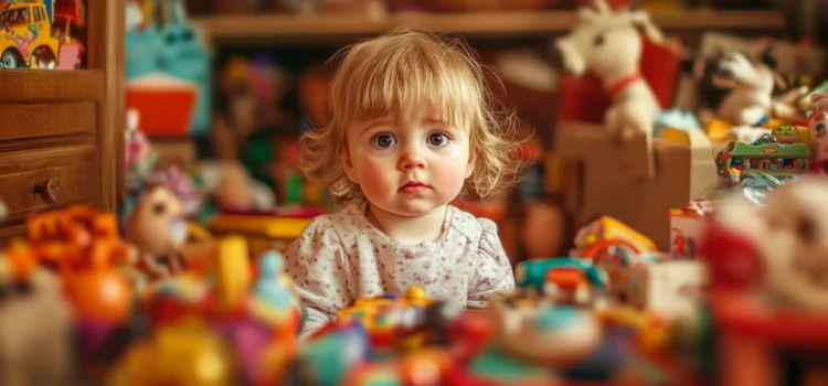 How Overindulging Parents Create Self-Centered Children A toddler girl sitting in a room surrounded by toys because she has an overindulgent parent