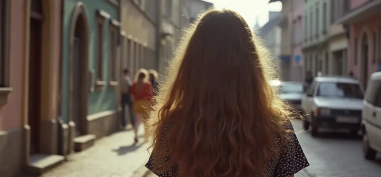 Melania Trump’s Background: Her Life Before Donald Trump A girl with long brown hair, seen from behind, walking down the street in Eastern Europe in the 1980s