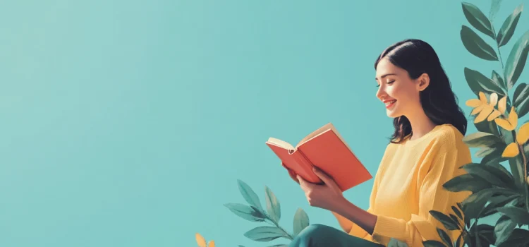 The Power of TED* by David Emerald: Book Overview A happy woman reading a book against a blue background