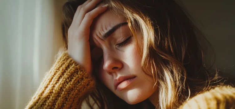 The Effects of Negative Thinking on Your Mind and Body A woman holding her head in pain as one of the effects of negative thinking