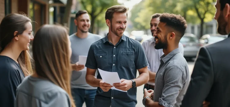 Ed Mylett on Leadership: 5 Ways to Bring Out the Best in Others A man talking to several members of his team on a sidewalk illustrates leadership that empowers others
