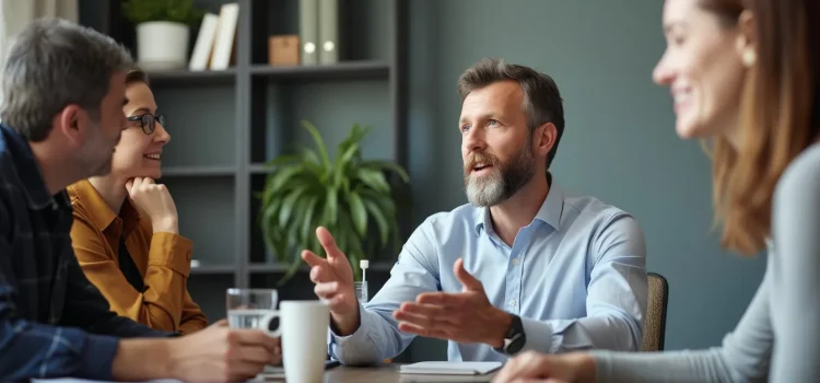 How to Implement a Strategy: Expert Tips From Richard Rumelt A leader talking to his team in a conference room illustrates how to implement a strategy