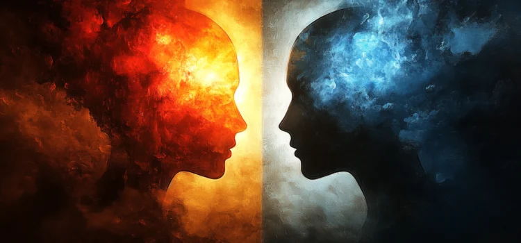 Two Types of Mindsets: The Helpless and the Visionary A light and dark silhouette of two people facing each other, representing two types of mindsets