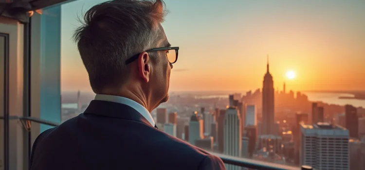 The Benefits of a Vision: 2 Reasons You Need One (Michael Hyatt) A man in a suit and glasses looking out the window of a tall building at a cityscape illustrates the benefits of a vision