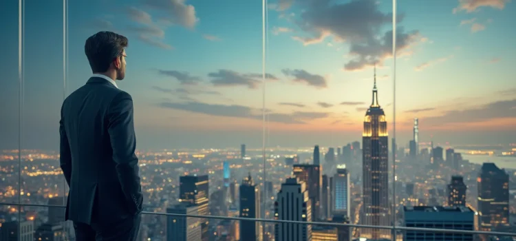 Michael Hyatt: Leadership Should Be Driven by Vision A man in a suit looking out the window of a tall building at a cityscape illustrates vision-driven leadership