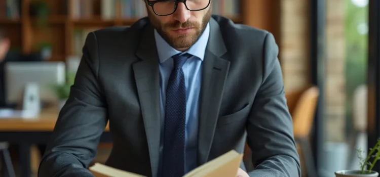 Mastering the Rockefeller Habits (Verne Harnish)—Book Overview A man wearing glasses and a business suit reading a book in an open office space by a window