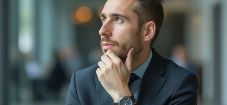 How to Choose a Product to Sell: Identify a Market First A man with brown hair, a bear, and a blue suit thinking with his chin in his hand illustrates how to choose a product to sell
