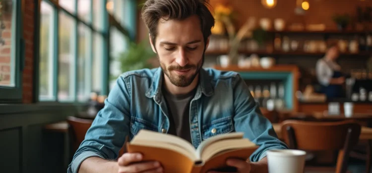 Ed Mylett: The Power of One More (Book Overview & Takeaways) A bearded man wearing a denim jacket reading a book in a cafe