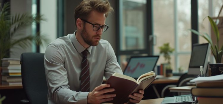 Cameron Herold’s The Second in Command: Book Overview A professional man with a beard, eyeglasses, and a necktie reading a book at a desk in an office