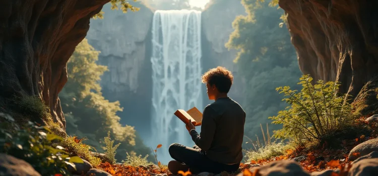 Awe: Book Overview & Key Takeaways (Dacher Keltner) A man reading a book with a waterfall in the background