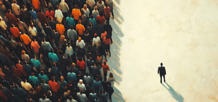 The Importance of Seeing People as Individuals vs. People A man walking alone beside a crowd, representing individuals vs. people