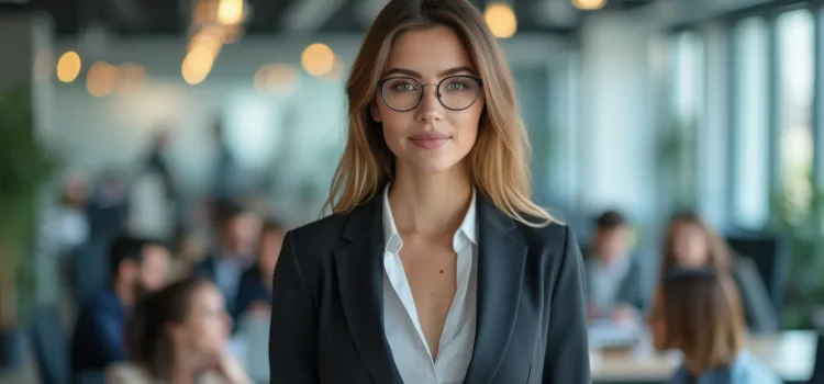 Marketing Career Advice From the “Father of Advertising” A professional woman wearing glasses and a grey suit in an open workspace illustrates marketing career advice