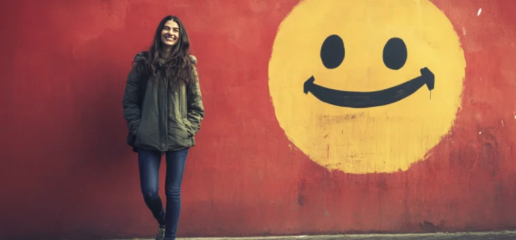 Replace People Who Don’t Support You With Encouragers A smiling woman standing against a wall next to a large painted smiley face illustrates avoiding people who don’t support you