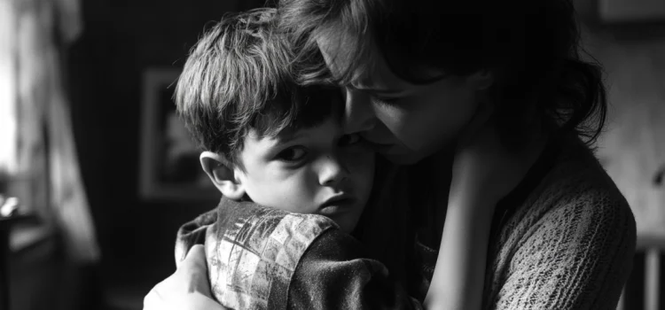 Children’s Emotions and Feelings: Don’t Try to “Fix” Them A black and white image of a mother hugging her son, who looks distressed, showing children's emotions and feelings