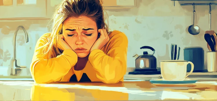 Managing Expectations for Parents—Dr. Amy Morin’s Advice A stressed looking woman leaning on a kitchen counter, representing managing expectations as a parent