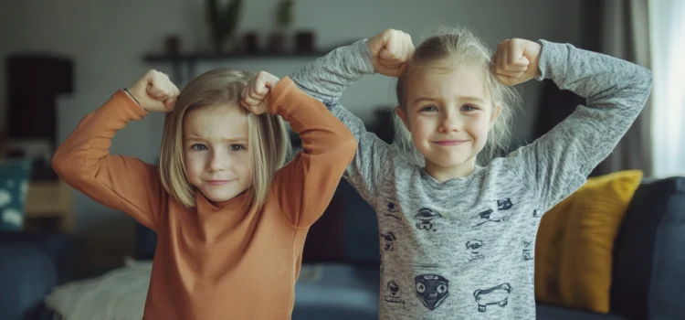 How to Raise Strong Children: Let Them Experience Hardship Two young sisters standing in a living room flexing their arms to show that they are strong children