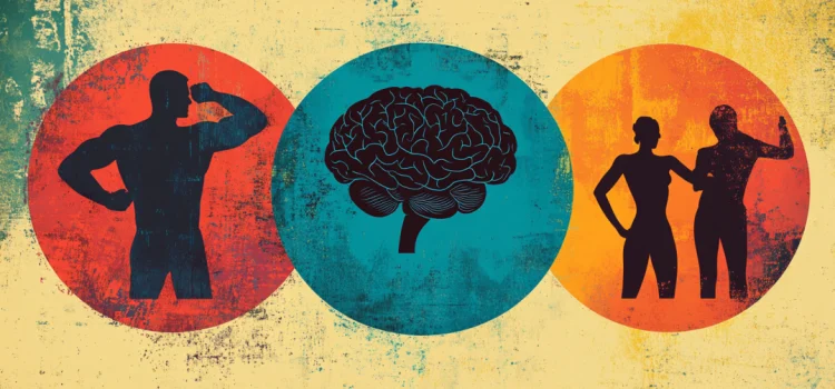 The Biopsychosocial Model of Health (Explanation & Benefits) There are three circles, one contains a man flexing, one contains a brain, and one contains two people, representing the biopsychosocial model of health