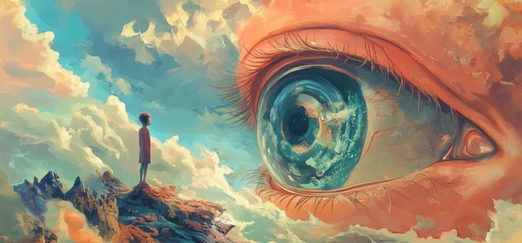 The Visionary Mindset: 4 Steps to Overcome Life’s Obstacles An illustration of a young man looking at a giant eye, symbolizing the visionary mindset