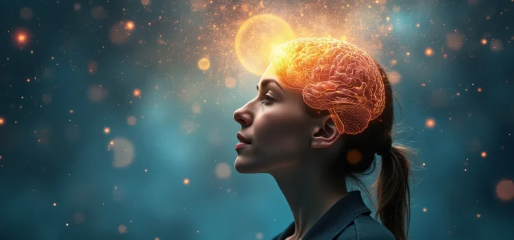 The Science of Awe: Dacher Keltner on What Happens in the Brain A woman who is experiencing awe and whose brain is shining illustrates the science of awe