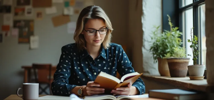 The Opposable Mind by Roger Martin: Overview & Takeaways A woman with blonde hair and glasses reading a book at her desk in an office