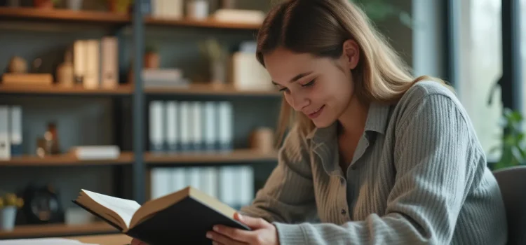 The Crux: How Leaders Become Strategists (Overview) A smiling woman with long dark hair reading a book at a desk with bookshelves in the background