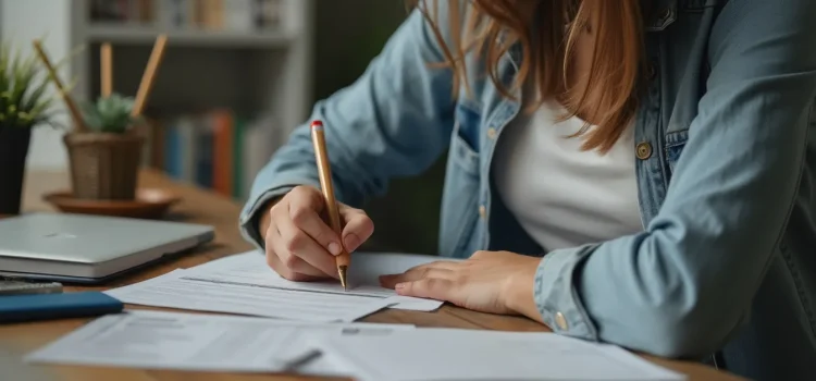 Ed Mylett: Goals Provide the Energy & Motivation You Need A woman with brown hair and a denim shirt writes goals on a piece of paper at her desk