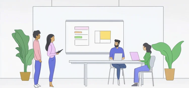 EOS Components Explained (Gino Wickman & Tom Bouwer) A cartoon drawing of a team meeting with four people and a whiteboard illustrates Level 10 Meetings and other EOS components