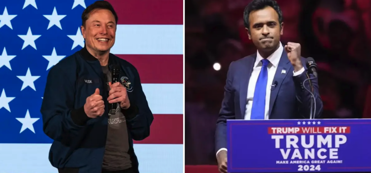 Ramaswamy & Musk’s $2 Trillion Budget Cut: Can It Be Done? Split image with Elon Musk in front of an American flag and Vivek Ramaswamy speaking at a Trump/Vance campaign event