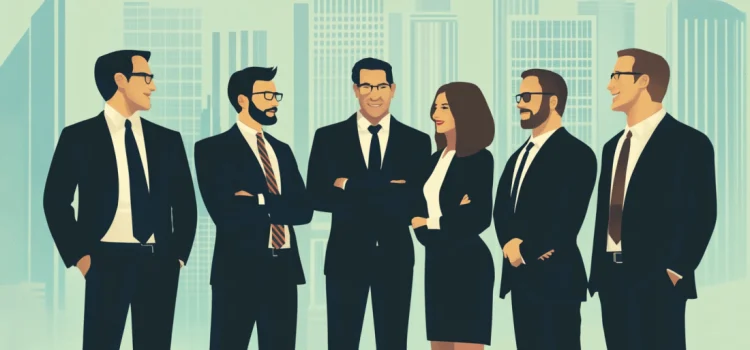 The Psychology of Investors: How They Make Decisions The psychology of investors shown in a group of happy business people in front of city buildings
