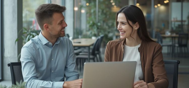 3 Sales Prospecting Strategies From Jeb Blount: Fill Your Pipeline A salesperson and prospective client chatting at a desk in an open workspace illustrates sales prospecting strategies