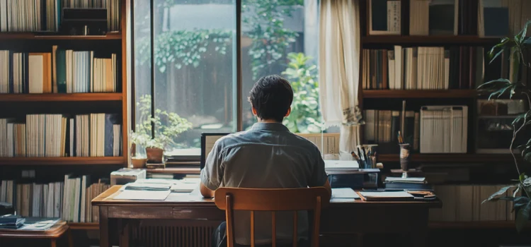 How to Identify the Point of a Story You’re Writing A man sitting at a writing desk in front of a window trying to identify the point of his story