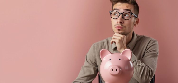 How Your Relationship With Money Is Shaped by Your Beliefs A man looking thoughtfully upward with a piggy bank on a table in front of him illustrates your relationship with money