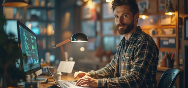 How to Start an Innovative Business: 4 Tips From Steven Bartlett An entrepreneur with a beard and green plaid shirt working at a computer illustrates how to start an innovative business