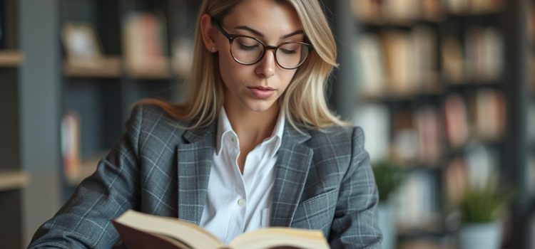 Financial Intelligence by Karen Berman & Joe Knight: Book Overview A professional woman in glasses and checked blazer reading a book with bookshelves in the background