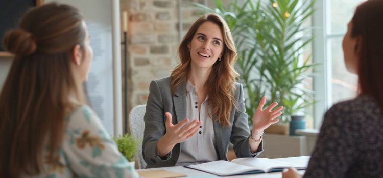 Steven Bartlett’s Management Tips: Get the Best Out of Your Team A professional woman talking to two women at work illustrates management principles