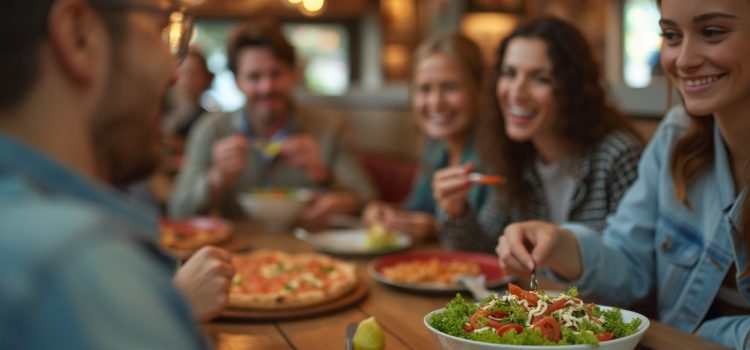 Willpower Training: How to Build It Up With Exercises & Practice A smiling woman eating a salad in a restaurant while other people are eating pizza illustrates willpower training